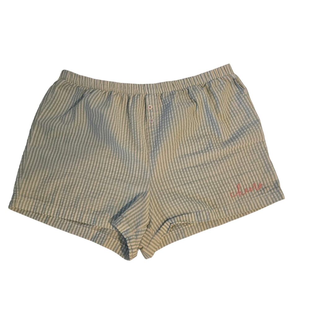 Rae‎ Dunn Cheers Lounge Shorts Large Green White Seersucker Striped Pajamas